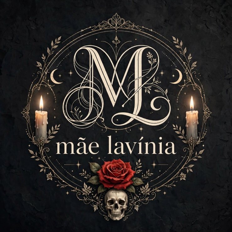 Logo da Mãe Lavínia: monograma ML com velas, lua, rosa vermelha e caveira